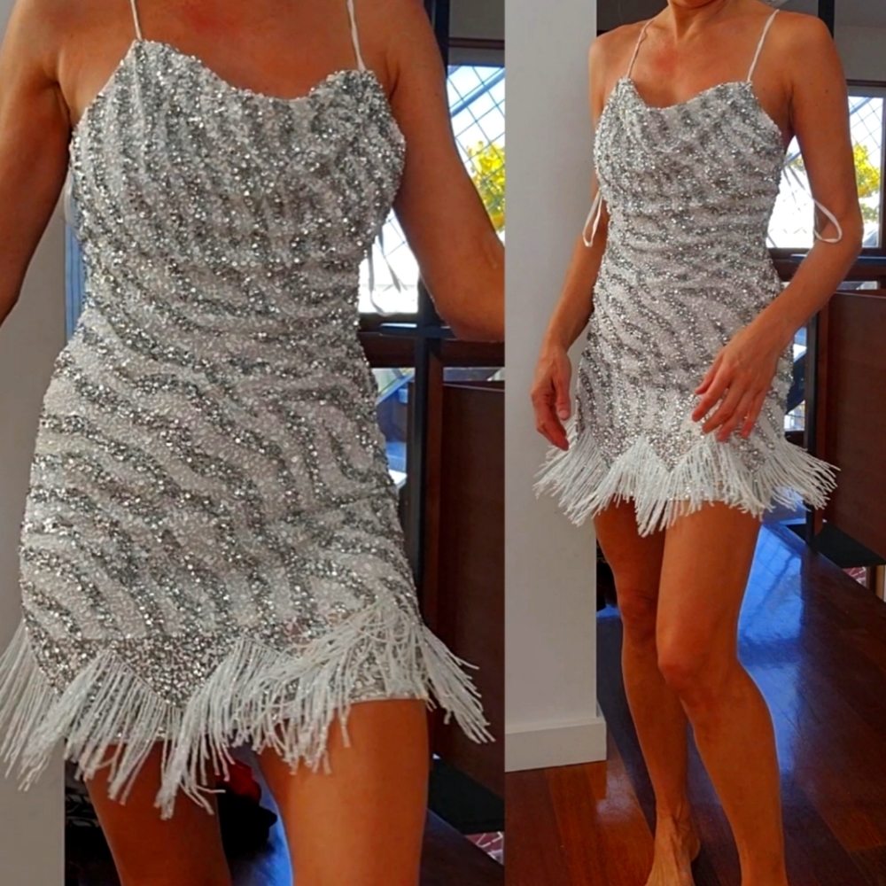 Nwot Mew Mews silver white fringed sequin Gatsby party dress xs